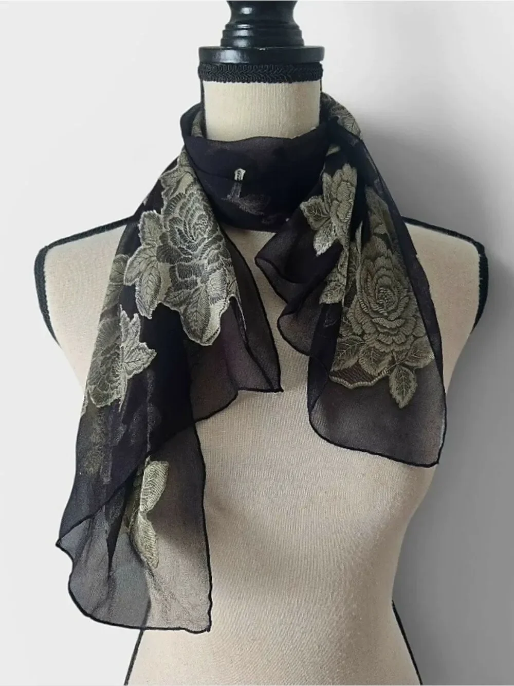 Vintage Black Sheer Floral Embroidered Scarf – Silver Gray Rose Embroidery – 44